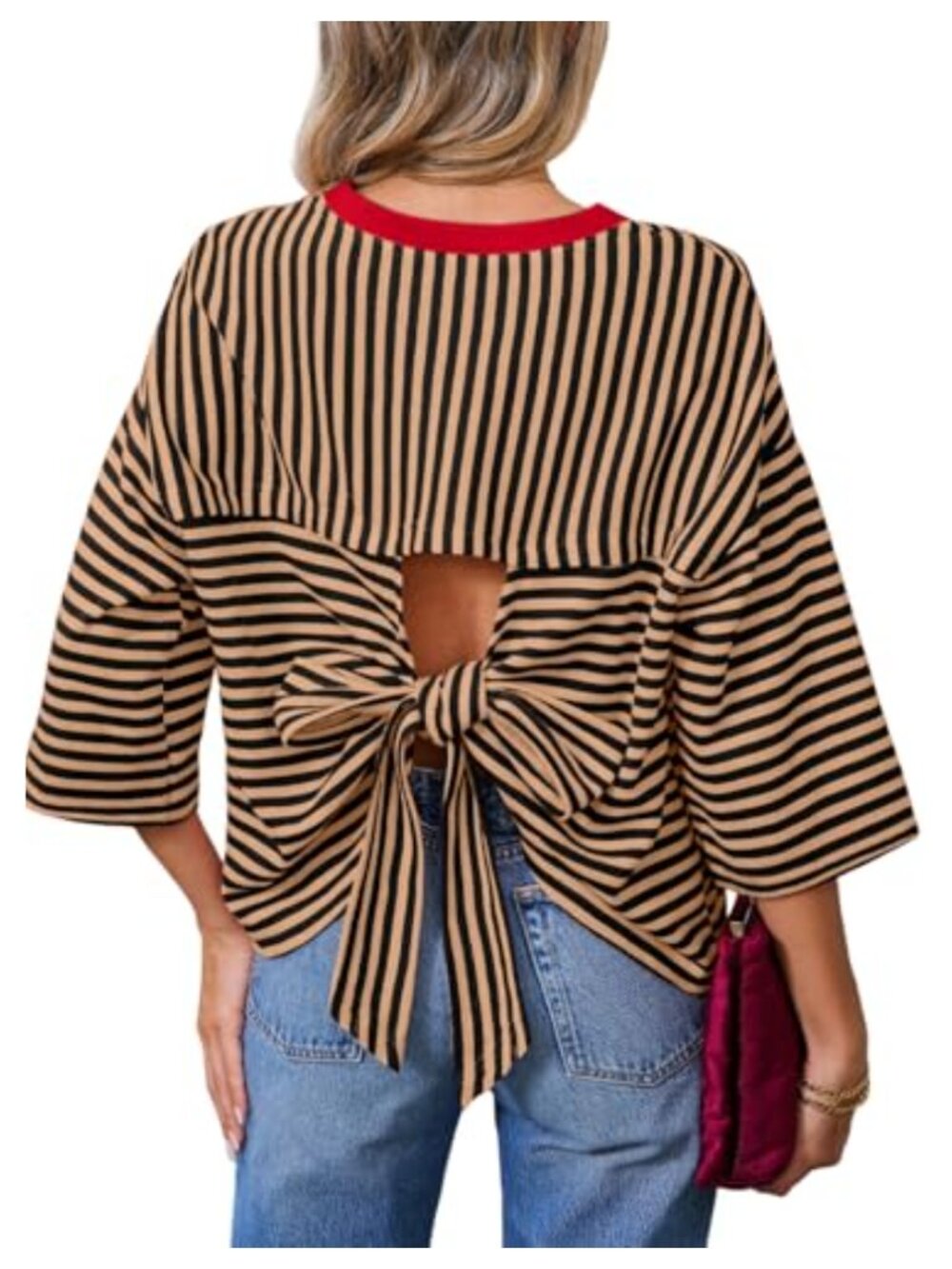 Striped Short Sleeve Tee Tie Back Crewneck Casual Summer Top